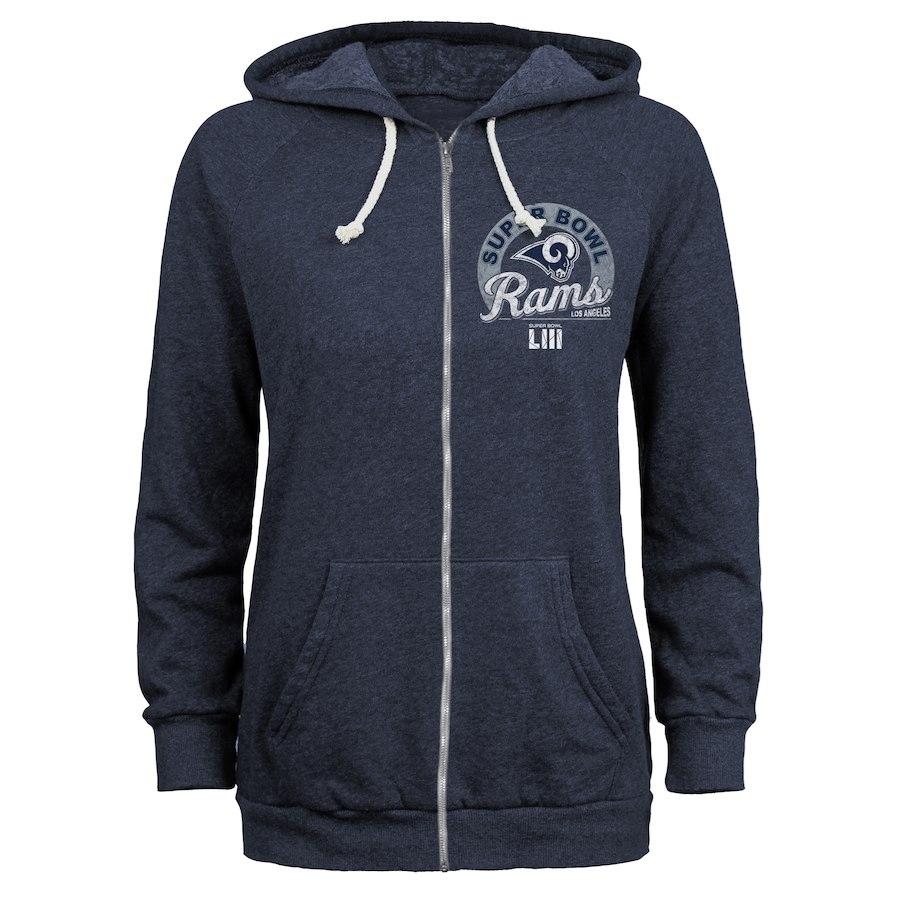 LOS ANGELES RAMS NFL WOMEN'S SUPER BOWL LIII BOUND TRI-BLEND FULL-ZIP HOODIE – NAVY