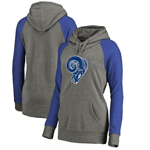 LOS ANGELES RAMS SUPER BOWL PRO LINE WOMEN'S THROWBACK LOGO TRI-BLEND RAGLAN PULLOVER HOODIE - GRAYROYAL